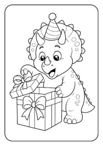 Kleurplaat van een schattige triceratops met feesthoed die een cadeau opent