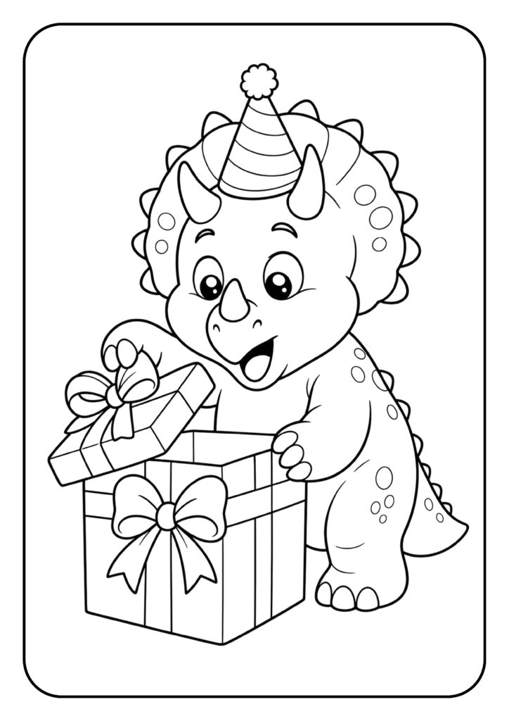 Kleurplaat van een schattige triceratops met feesthoed die een cadeau opent