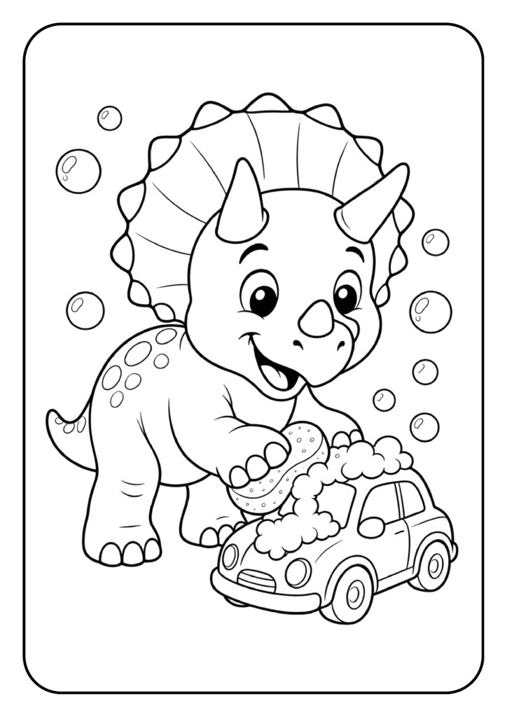 Schattige kleurplaat van een vrolijke Triceratops die met een spons een kleine auto wast, omringd door schuim en bellen