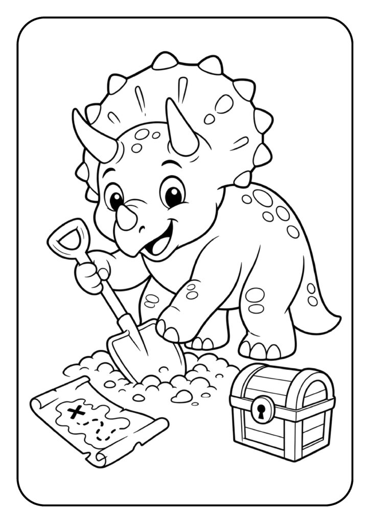 Vrolijke Triceratops die met een schep in het zand graaft naast een schatkaart en schatkist