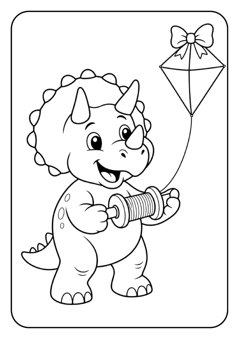 Leuke kleurplaat van een vrolijke Triceratops die een vlieger vasthoudt en vliegt