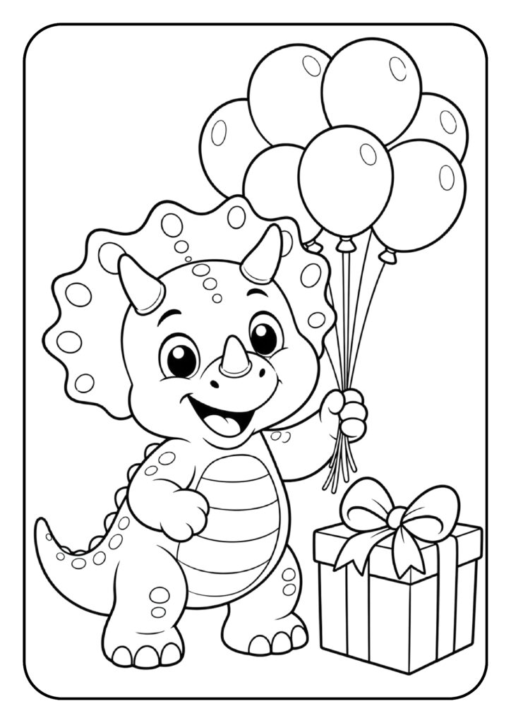 Vrolijke Triceratops met ballonnen en een cadeau, eenvoudige feestelijke kleurplaat voor kinderen