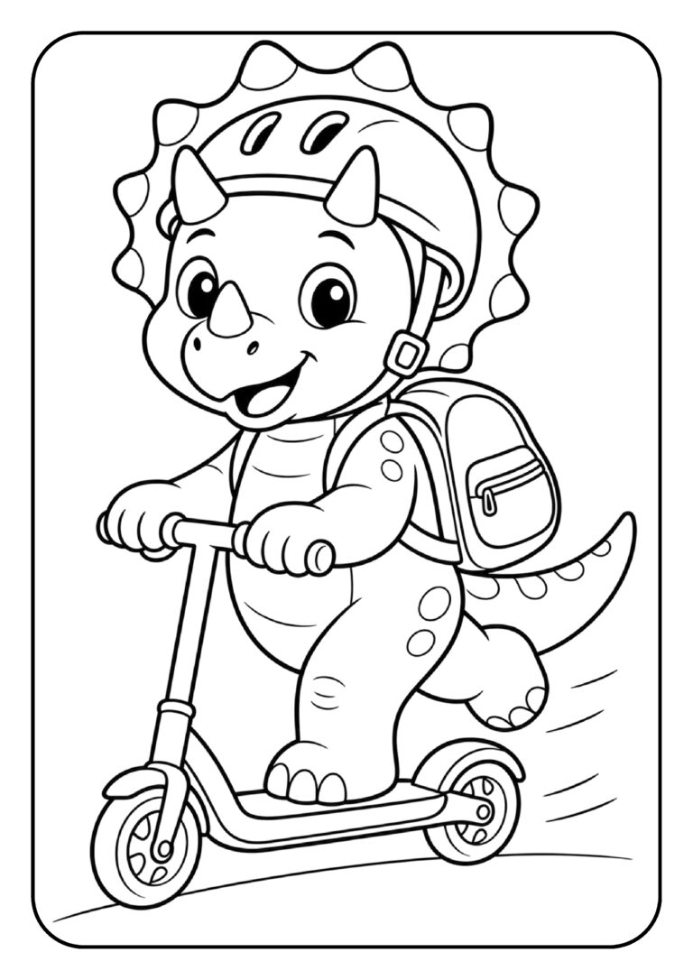 Leuke kleurplaat van een vrolijke triceratops die op een step rijdt, draagt een helm en heeft een rugzak op haar rug.