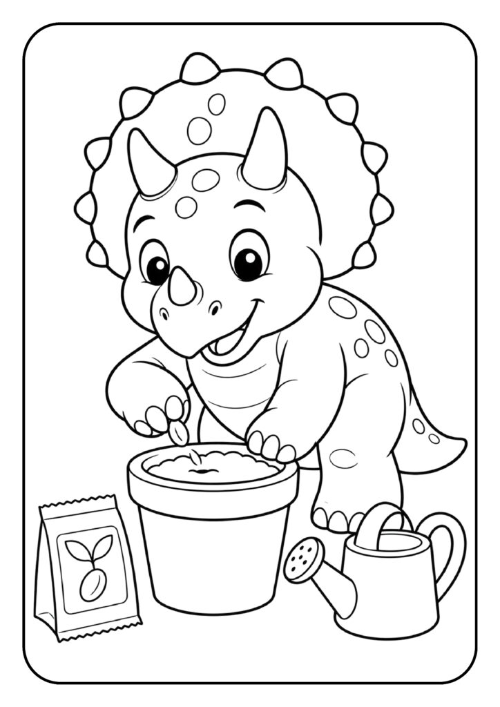 Leuke kleurplaat van een vrolijke Triceratops die zaadjes in een pot doet met een gieter naast zich