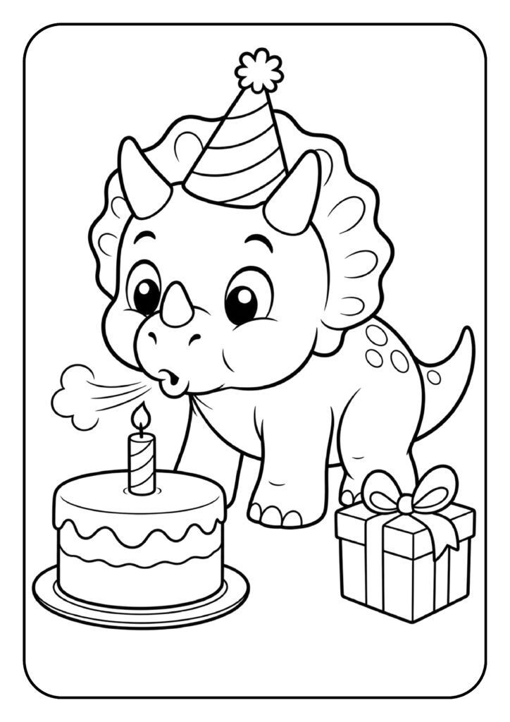 Schattige triceratops met een feestelijke verjaardagstaart, kaars en cadeau om in te kleuren