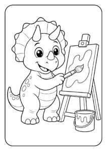 Leuke kleurplaat van een vrolijke triceratops die aan het schilderen is op een ezel met een verfemmer erbij.