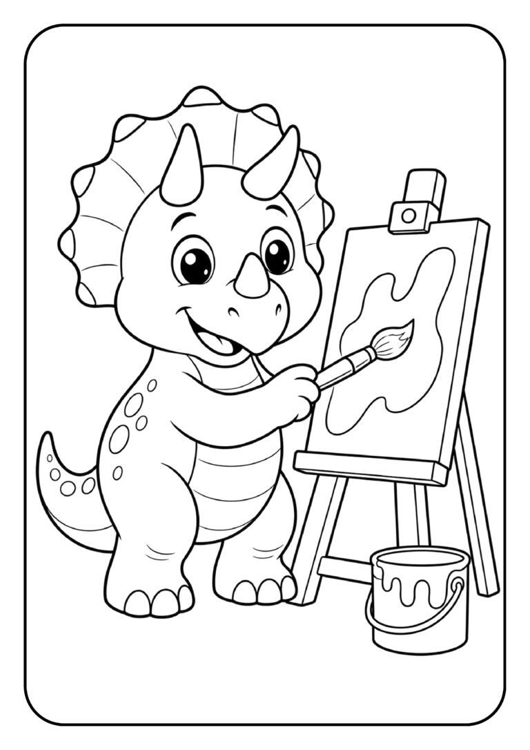 Leuke kleurplaat van een vrolijke triceratops die aan het schilderen is op een ezel met een verfemmer erbij.