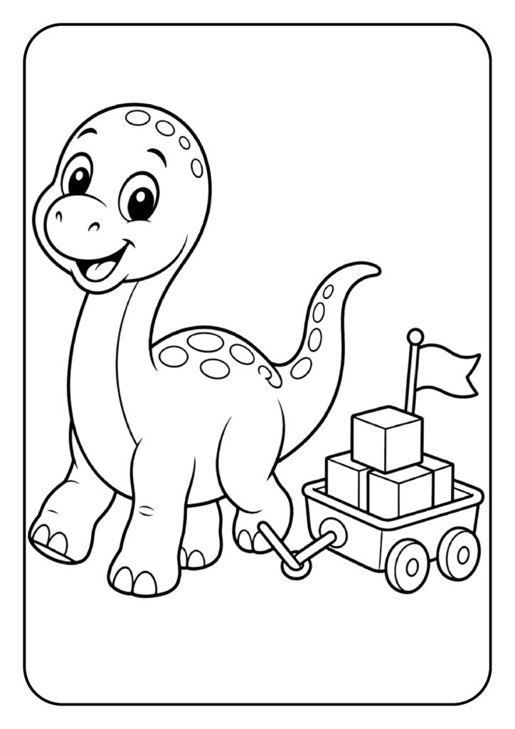 Vrolijke kleurplaat van een onbekende dinosaurus die een speelgoedkar trekt, geschikt voor jonge kinderen.