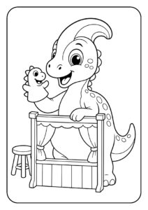 Leuke kleurplaat van een vrolijke Parasaurolophus dinosaurus die een handpop toont achter een klein poppenkast theater.