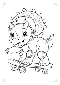 Vrolijke kleurplaat van een schattige Triceratops die op een skateboard rijdt, geschikt voor peuters.
