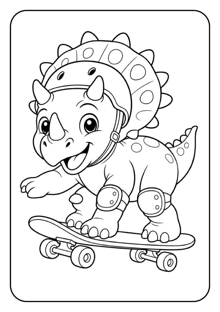 Vrolijke kleurplaat van een schattige Triceratops die op een skateboard rijdt, geschikt voor peuters.