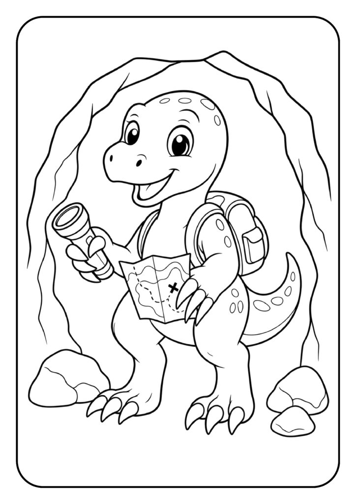 Leuke kleurplaat van een vrolijke dinosaurus met rugzak, kaart en zaklamp die een donkere grot verkent.