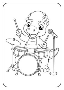 Leuke kleurplaat van een vrolijke dinosaurus die drums speelt en lacht