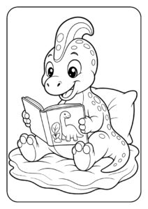 Schattige dinosaurus kleurplaat van een vrolijke dinosaurus die een boek leest terwijl hij op een kussen zit.