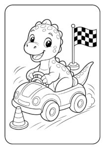 Vrolijke kleurplaat van een schattige dinosaurus die in een raceauto rijdt met finishvlag en verkeerskegel