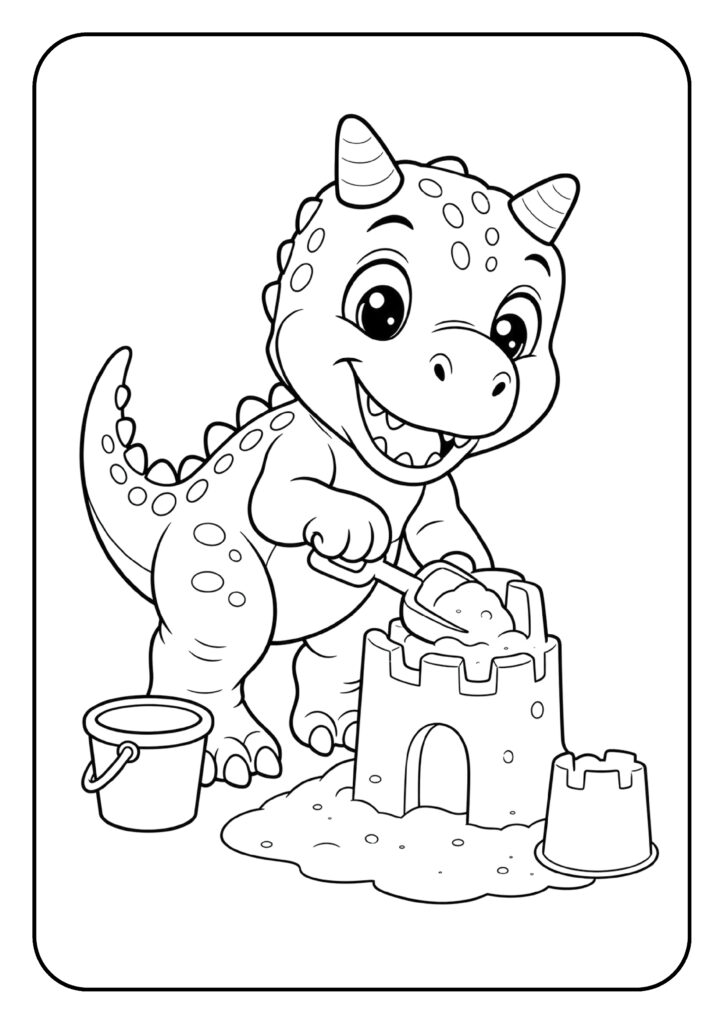 Schattige dinosaurus bouwt een zandkasteel met schep en emmer in een vrolijke kleurplaat voor kinderen