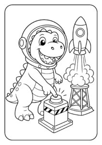 Leuke kleurplaat van een schattige dinosaurus in een astronautenpak die op een grote knop drukt terwijl een raket opstijgt