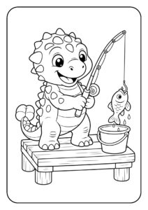 Vrolijke kleurplaat van een schattige dinosaurus die vist met een hengel op een houten steiger.
