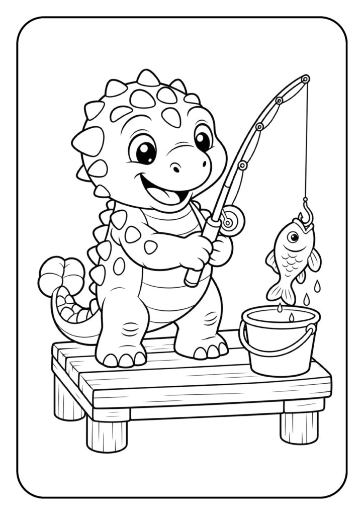 Vrolijke kleurplaat van een schattige dinosaurus die vist met een hengel op een houten steiger.