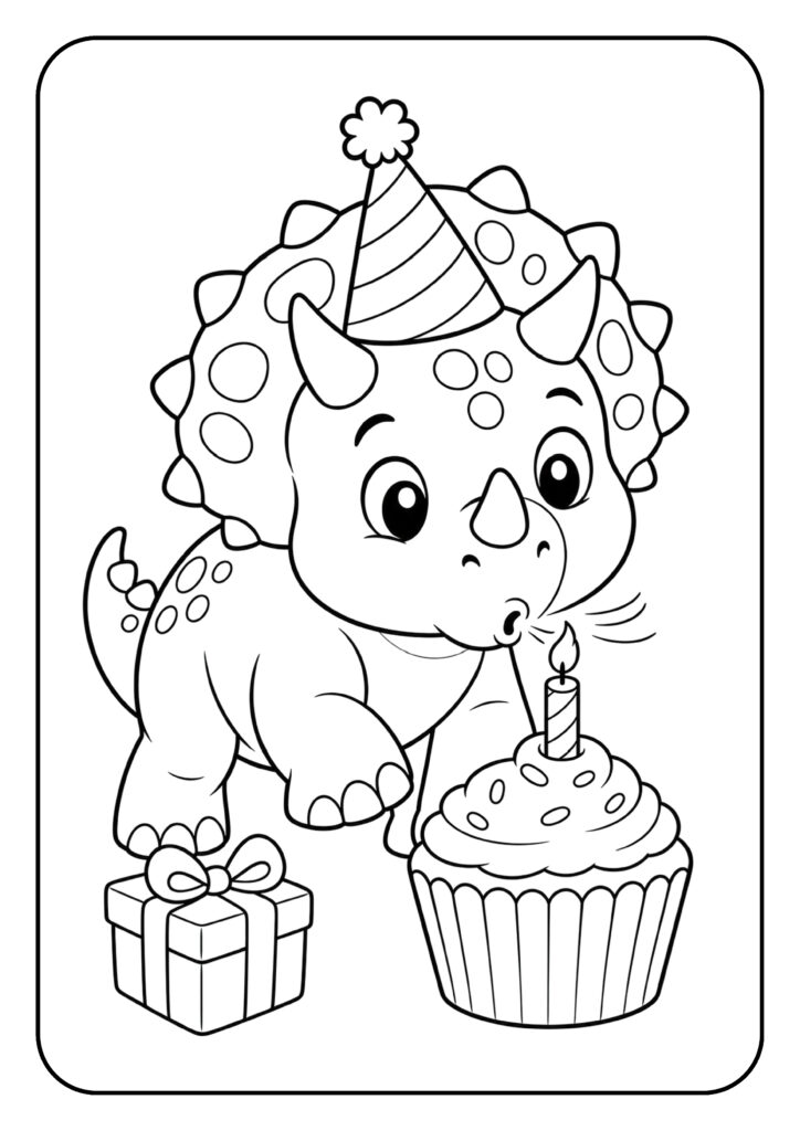 Schattige baby Triceratops die een verjaardagstaart uitblaast met cadeau erbij op een feestelijke kleurplaat