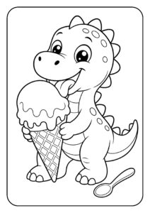 Leuke kleurplaat van een schattige dinosaurus die vrolijk een groot ijsje vasthoudt.