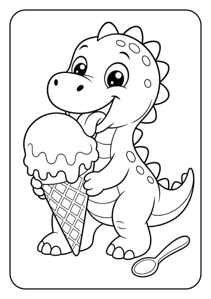 Leuke kleurplaat van een schattige dinosaurus die vrolijk een groot ijsje vasthoudt.