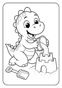 Leuke kleurplaat van een vrolijke baby dinosaurus die met een emmer zand een zandkasteel bouwt op het strand.