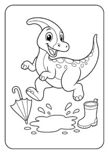 Vrolijke parasaurolophus die in een plas water springt kleurplaat voor kinderen