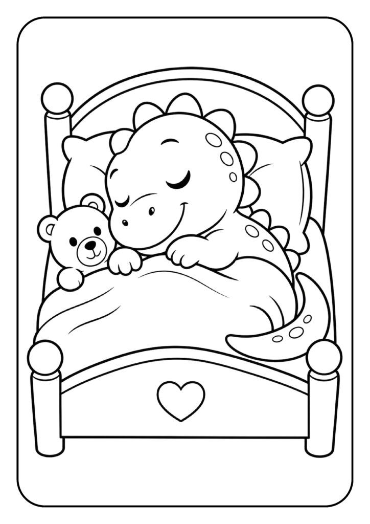 Kleurplaat van een schattige baby dinosaurus die slaapt in bed met een teddybeer