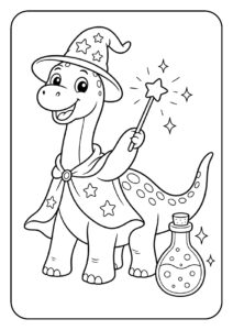 Leuke kleurplaat van een vrolijke dinosaurus met tovenaarscape, hoed en toverstaf.