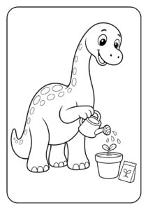 Vrolijke brachiosaurus kleurplaat van een dinosaurus die een plantje water geeft