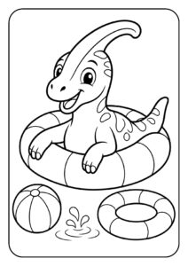 Vrolijke Parasaurolophus dinosaurus met een zwemring en een strandbal aan het strand