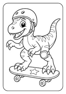 Leuke kleurplaat van een schattige velociraptor die een helm draagt en op een skateboard staat