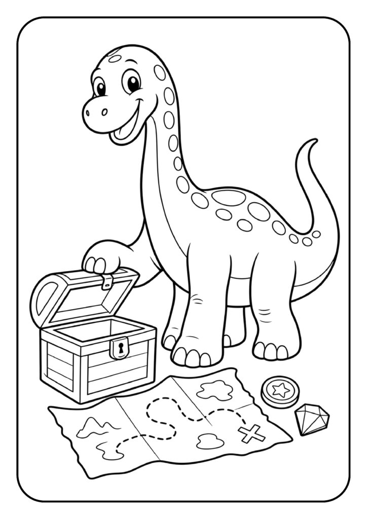 Lange dinosaurus met schatkist, schatkaart, munt en edelsteen kleurplaat
