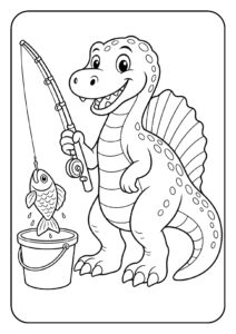 Dinosaurus met hengel die een vis vangt naast een emmer kleurplaat