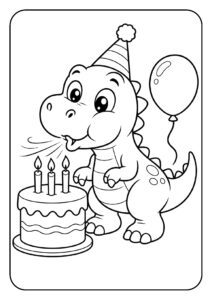 Schattige baby dinosaurus met feesthoed, verjaardagstaart en ballon kleurplaat