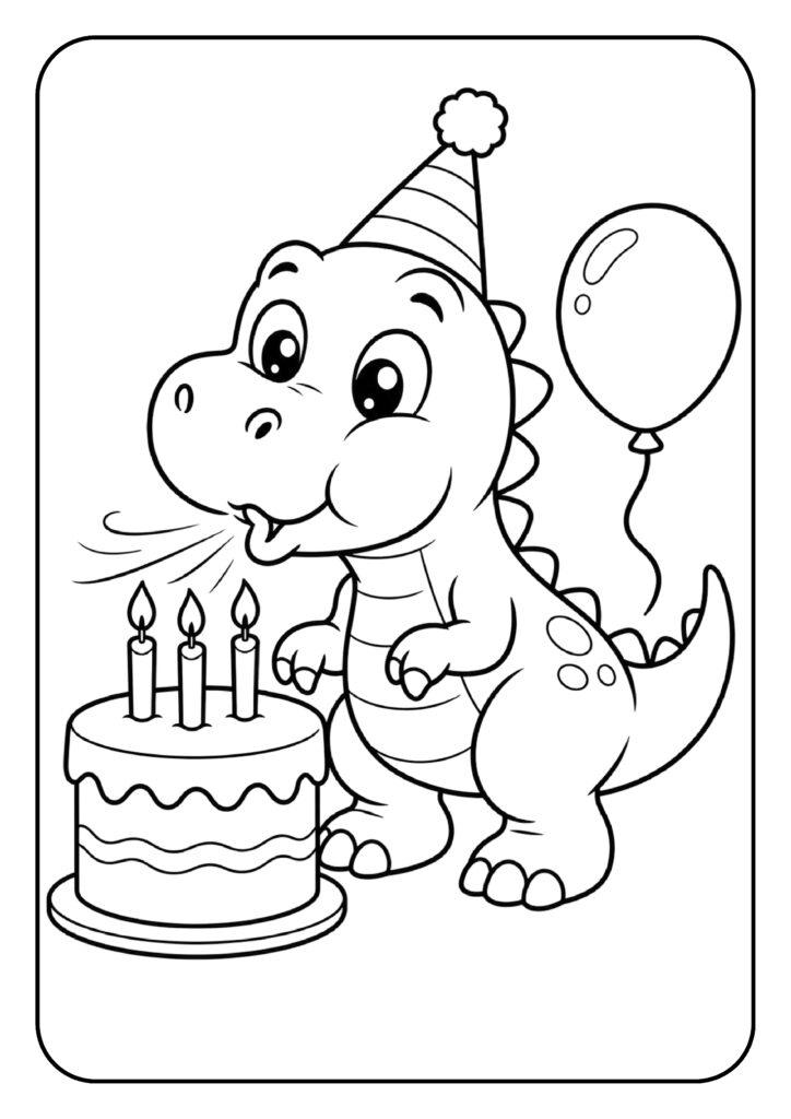 Schattige baby dinosaurus met feesthoed, verjaardagstaart en ballon kleurplaat