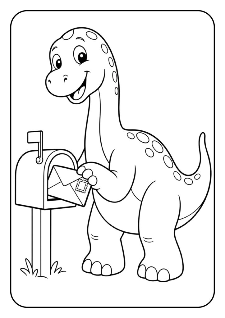 Lange dinosaurus stopt een brief in een brievenbus kleurplaat