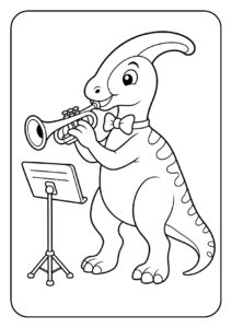 Parasaurolophus dinosaurus speelt trompet naast een muziekstandaard kleurplaat