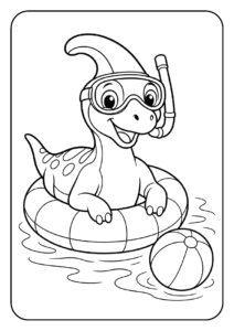 Dinosaurus met duikbril en snorkel op een zwemband in het water kleurplaat