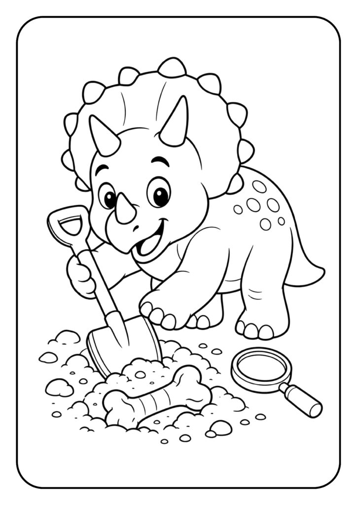 Triceratops dinosaurus graaft een fossiel op met een schep kleurplaat