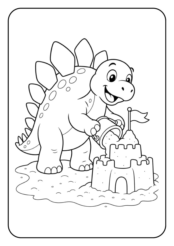 Stegosaurus dinosaurus bouwt een groot zandkasteel op het strand kleurplaat