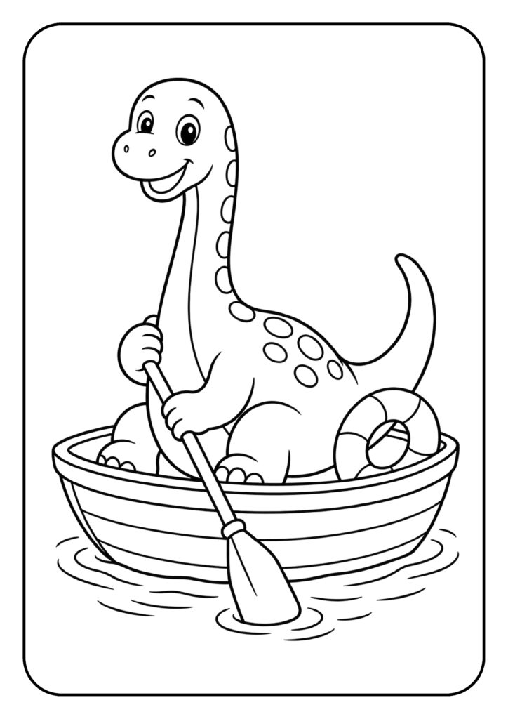 Brachiosaurus dinosaurus vaart in een roeiboot op het water kleurplaat