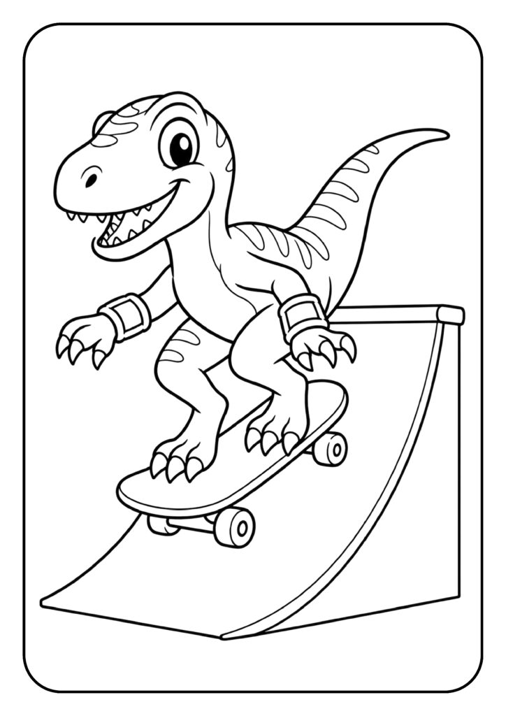 Velociraptor rijdt op een skateboard over een skate ramp kleurplaat