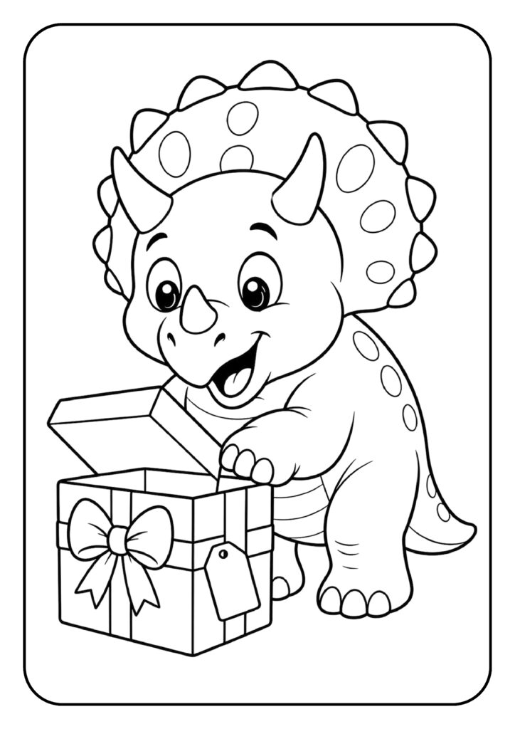 Vrolijke Triceratops opent nieuwsgierig een cadeaudoos kleurplaat