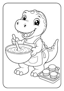 Vrolijke dinosaurus bakt cupcakes en roert beslag in een kom kleurplaat