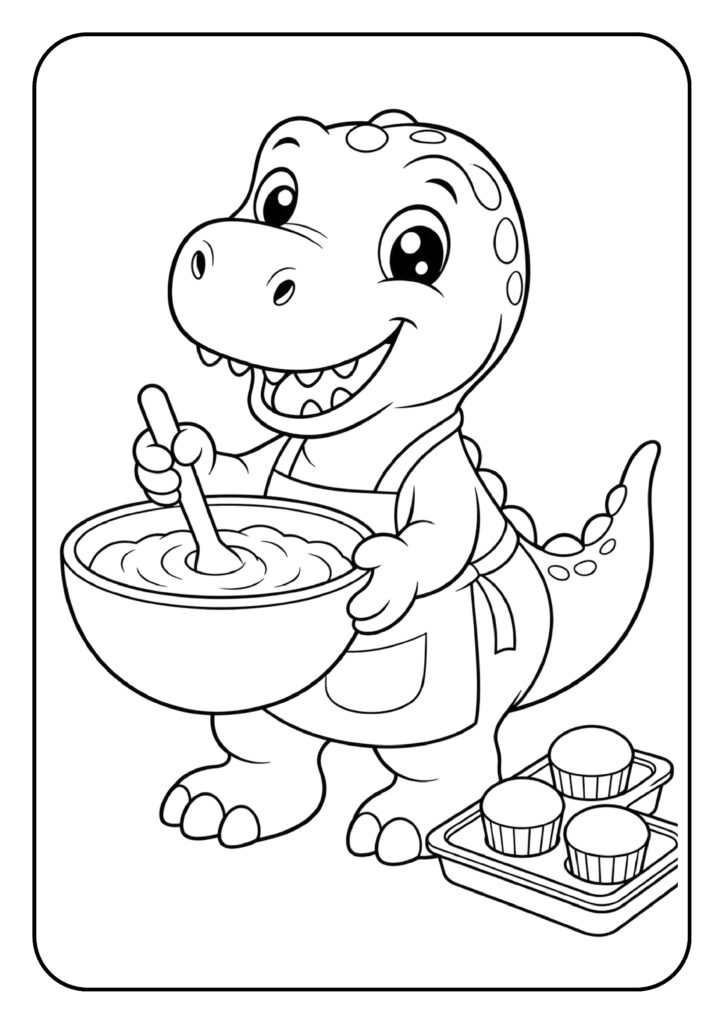 Vrolijke dinosaurus bakt cupcakes en roert beslag in een kom kleurplaat