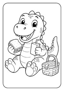 Vrolijke dinosaurus geniet van een picknick met sandwich en sapje kleurplaat