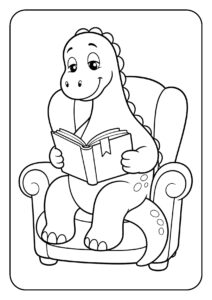 Brachiosaurus dinosaurus leest een boek in een comfortabele stoel kleurplaat