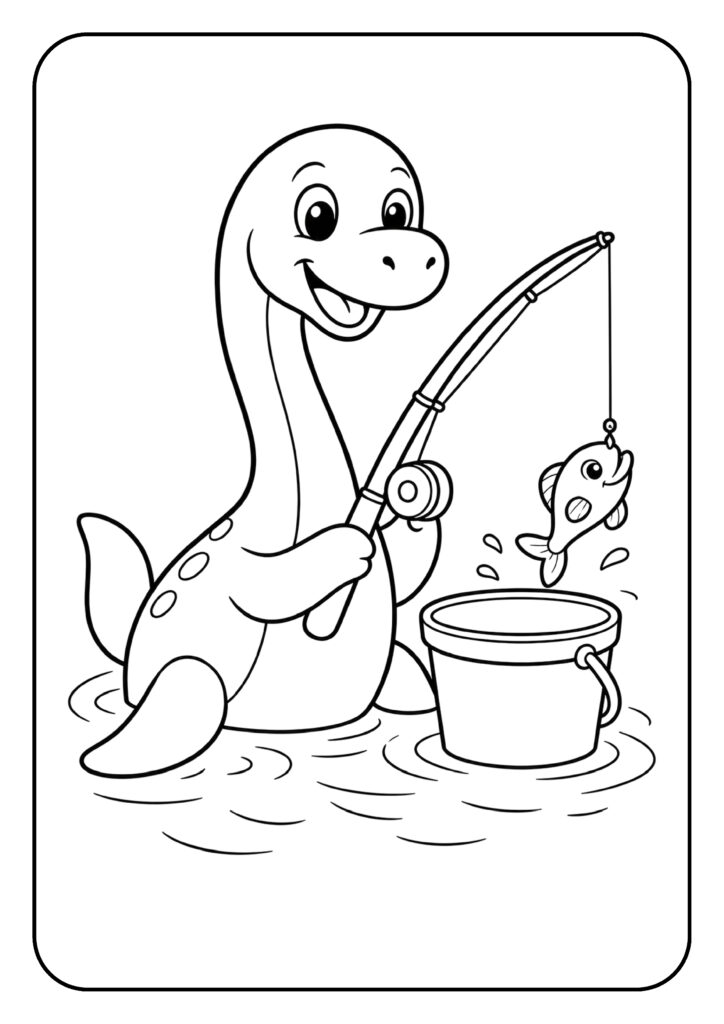 Schattige Plesiosaurus kleurplaat die een vis vangt tijdens het vissen